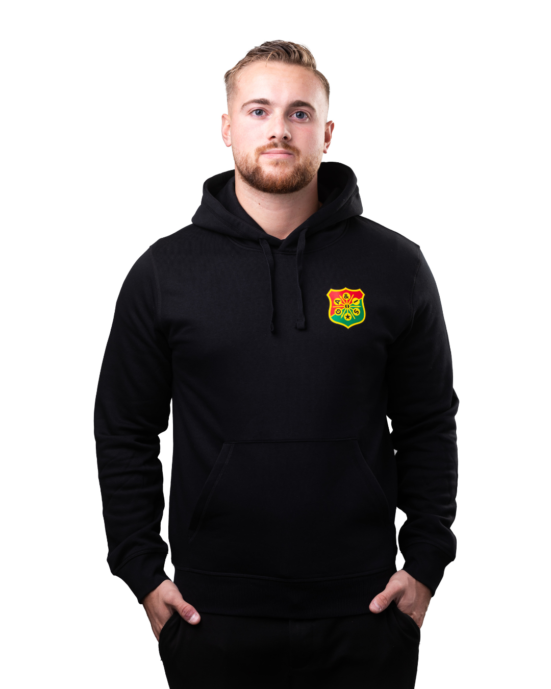 Hoodie-Litet-Klubbemblem-Svart-model - kopia